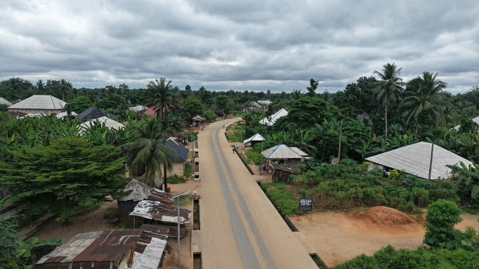 The road through a village, seen from above