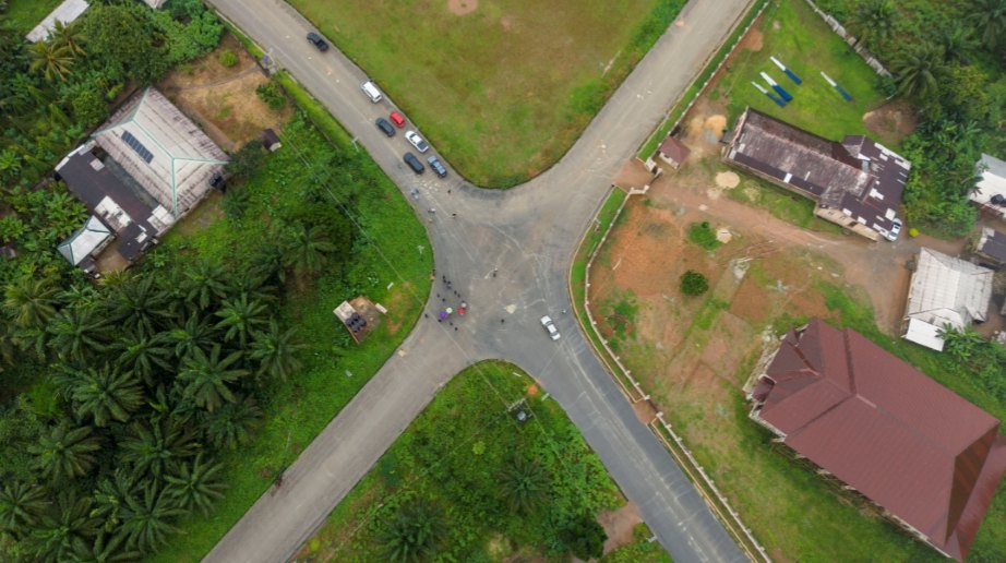 Aerial view of a paved road junction on the route