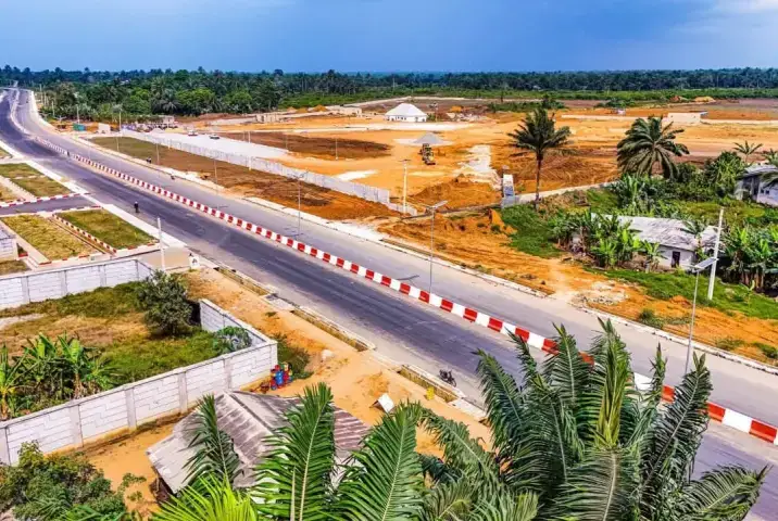 Aerial view of new road in Eket