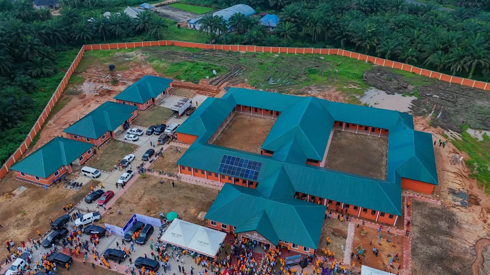 Classroom blocks around two courtyards, seen from above