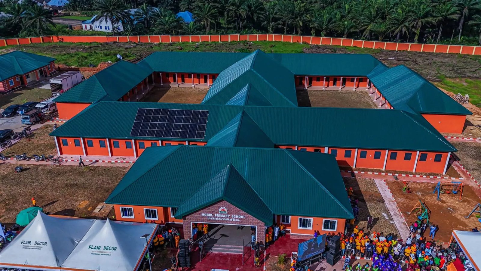 The school from above, with solar panels on the roof