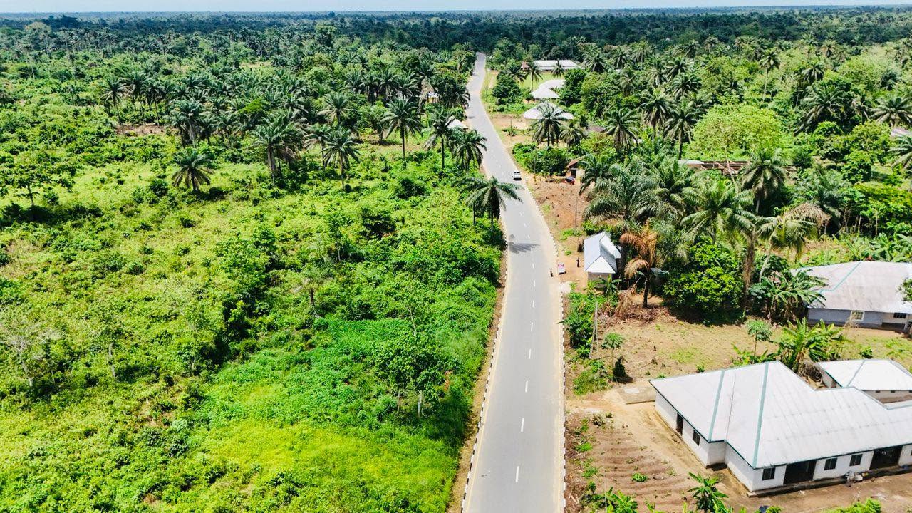 Aerial view of the finished road winding through bush and farmland