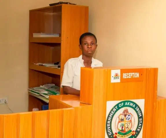 Reception desk at the Model Health Centre, Abiakana