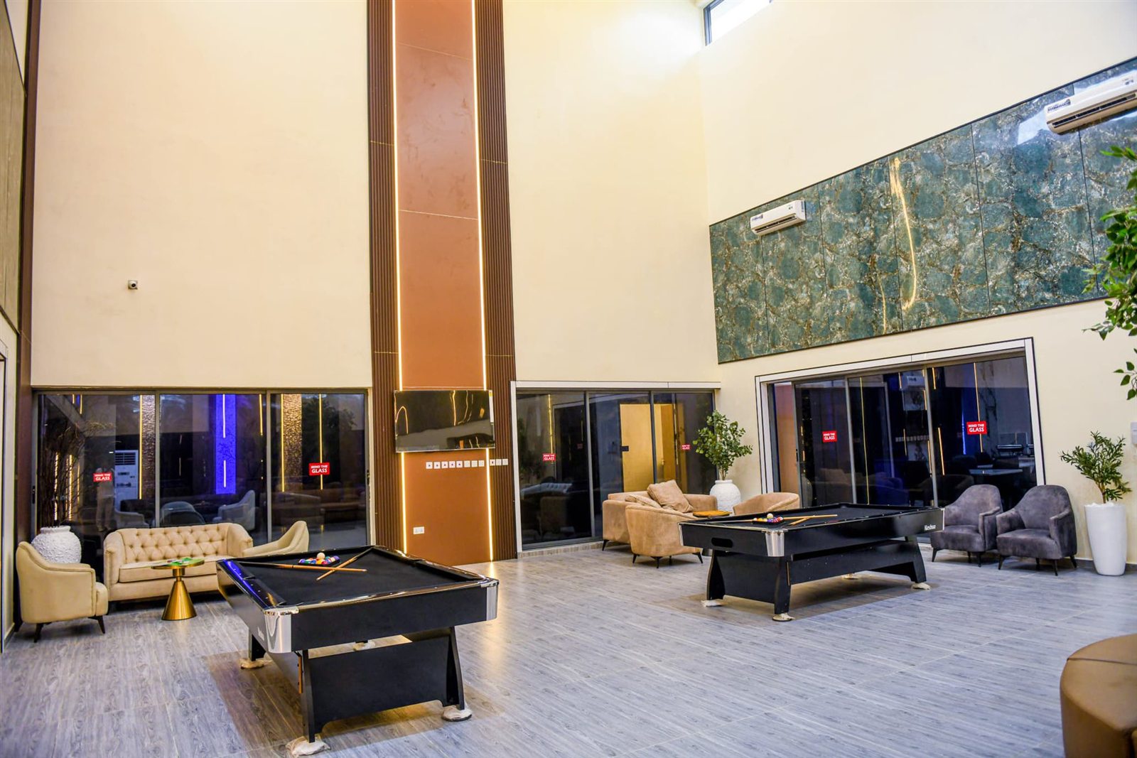 Atrium with seating and a games area