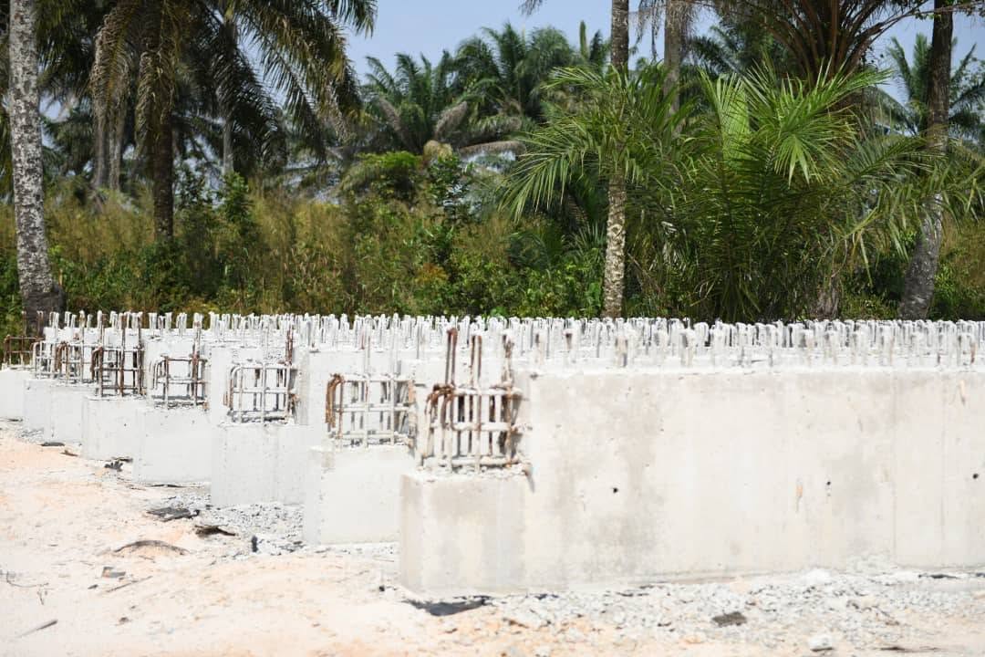 Concrete pile caps and reinforcement bars for the bridge piers on the construction ground