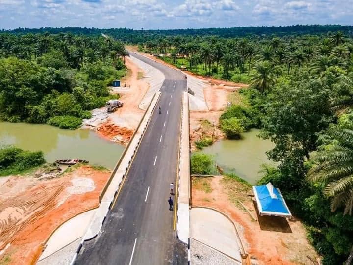 Drone view of the finished bridge and approach road across the river