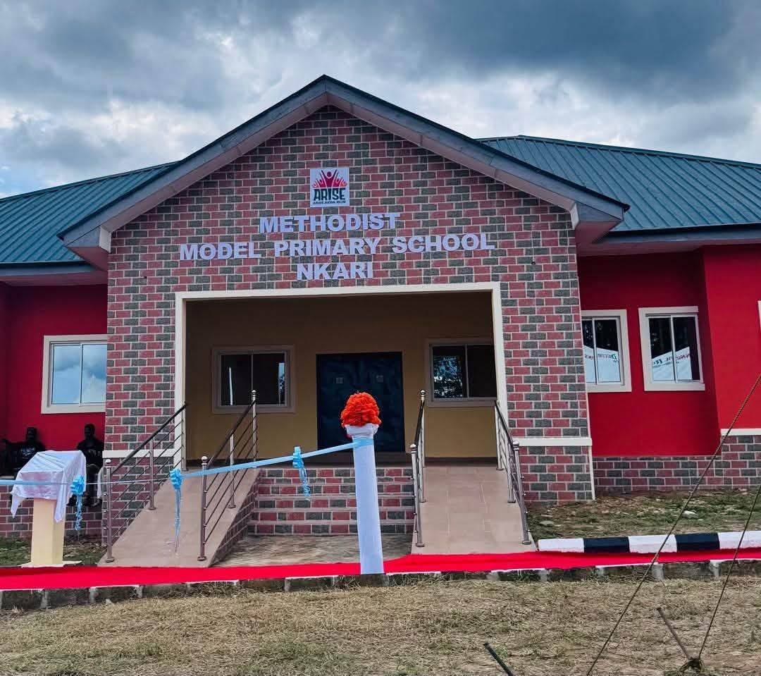 Front of the new Methodist Model Primary School, Nkari, with the name over the entrance