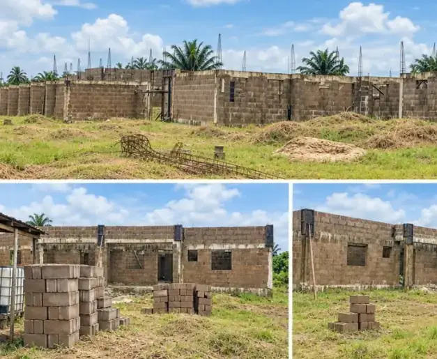 Blockwork walls under construction in Mbo LGA