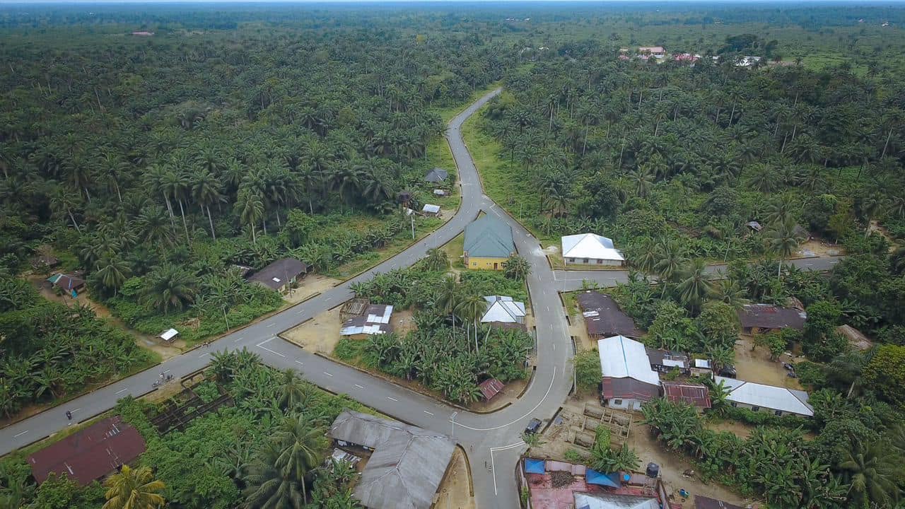 Aerial view of the road winding through a village and palm bush