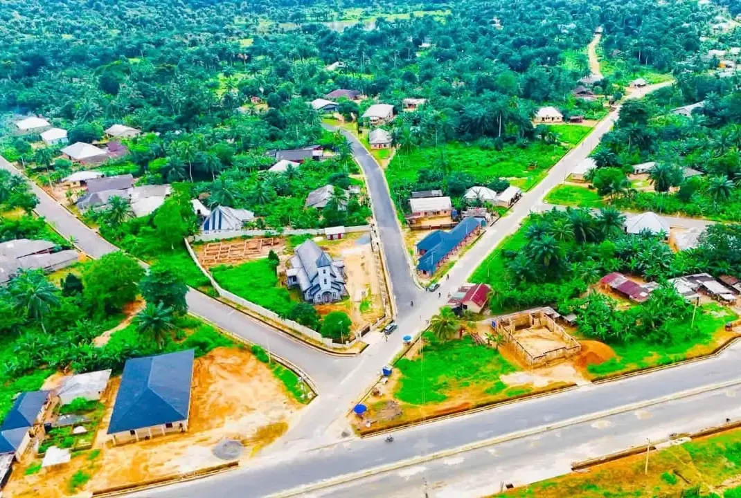 Aerial view of homes, palm trees and road junctions in a Nsit Ubium community