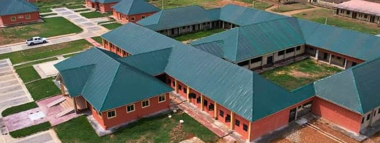 Aerial view of the classroom blocks at the Okobo model school