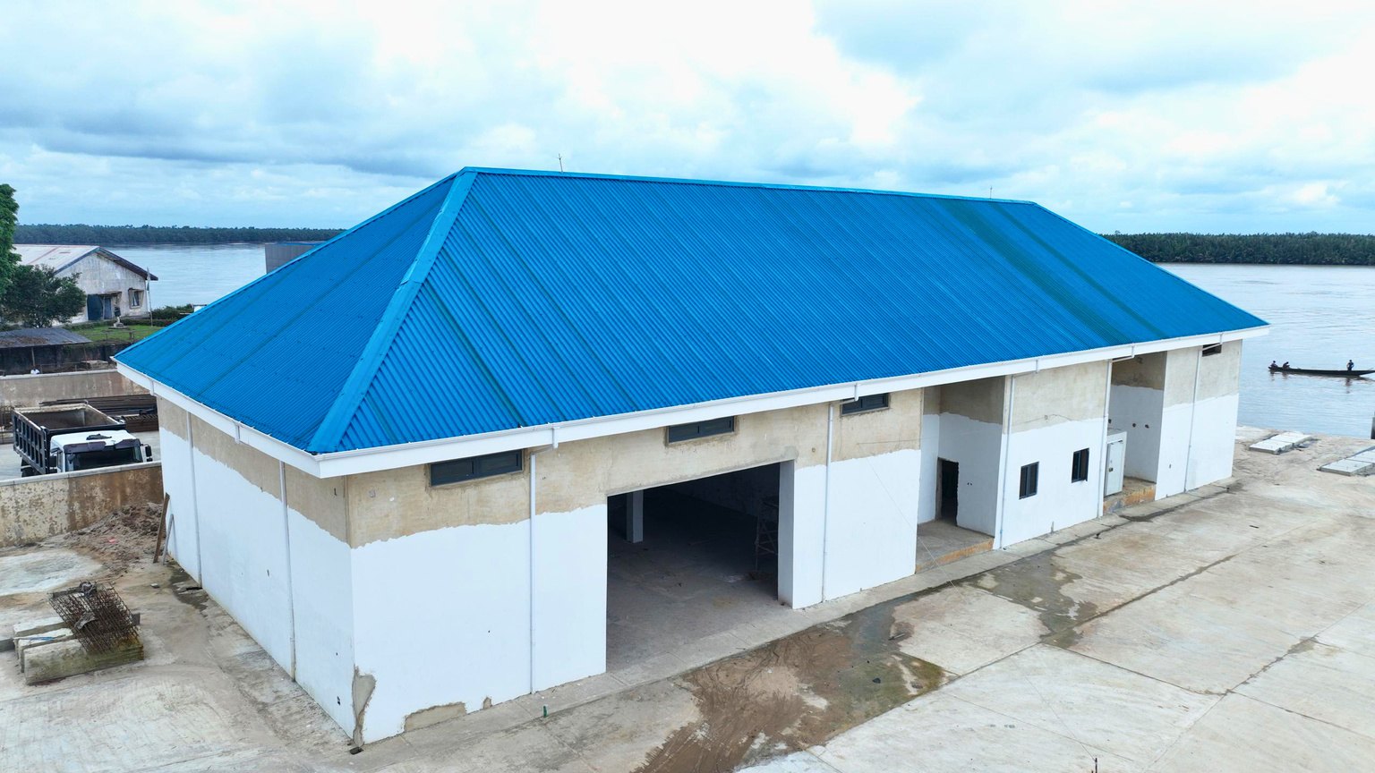 A waterfront warehouse building