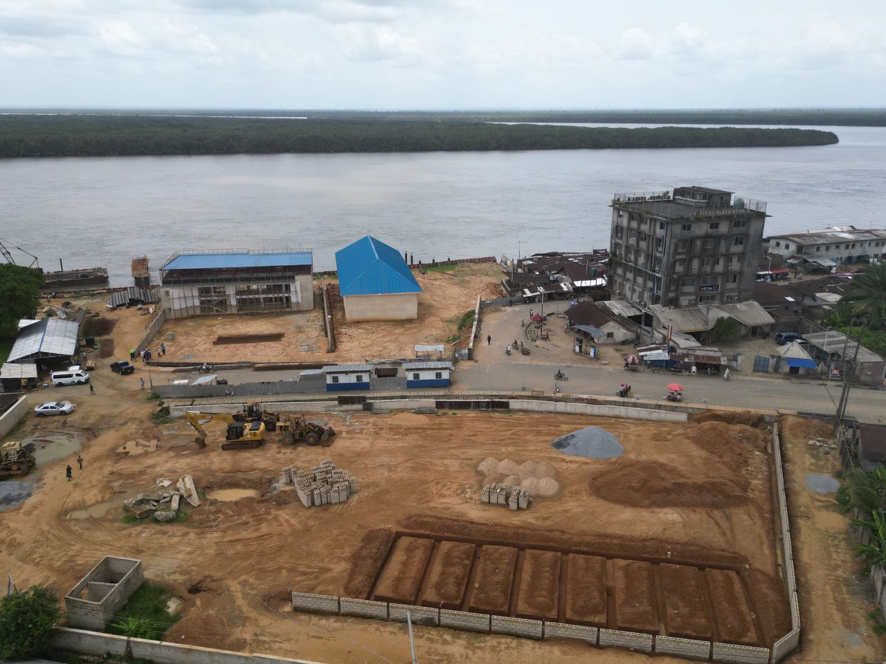 Warehouses and jetty approach seen from the air
