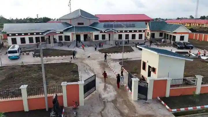 Aerial view of the youth centre compound with gatehouse, solar panels and driveway