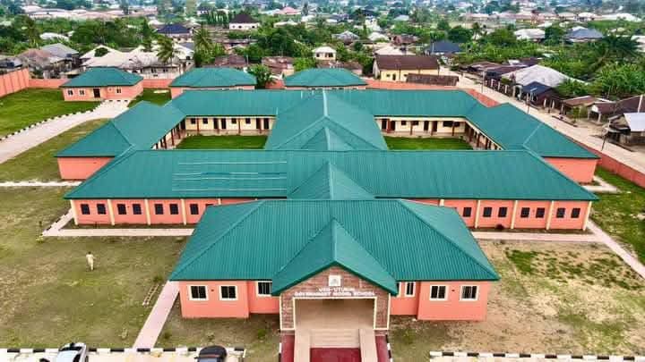Aerial view of the model school classroom blocks around a central courtyard