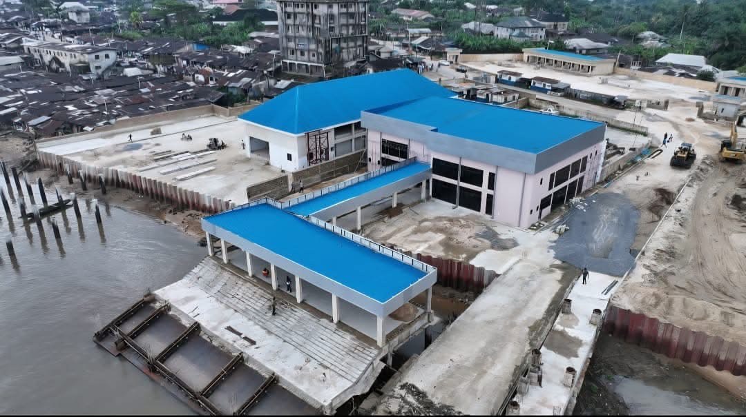 Aerial view of the terminal, warehouse, jetty and car park