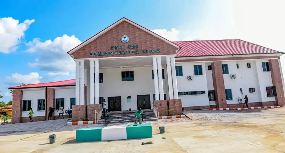 Two-storey building signed Umo Eno Administrative Block.