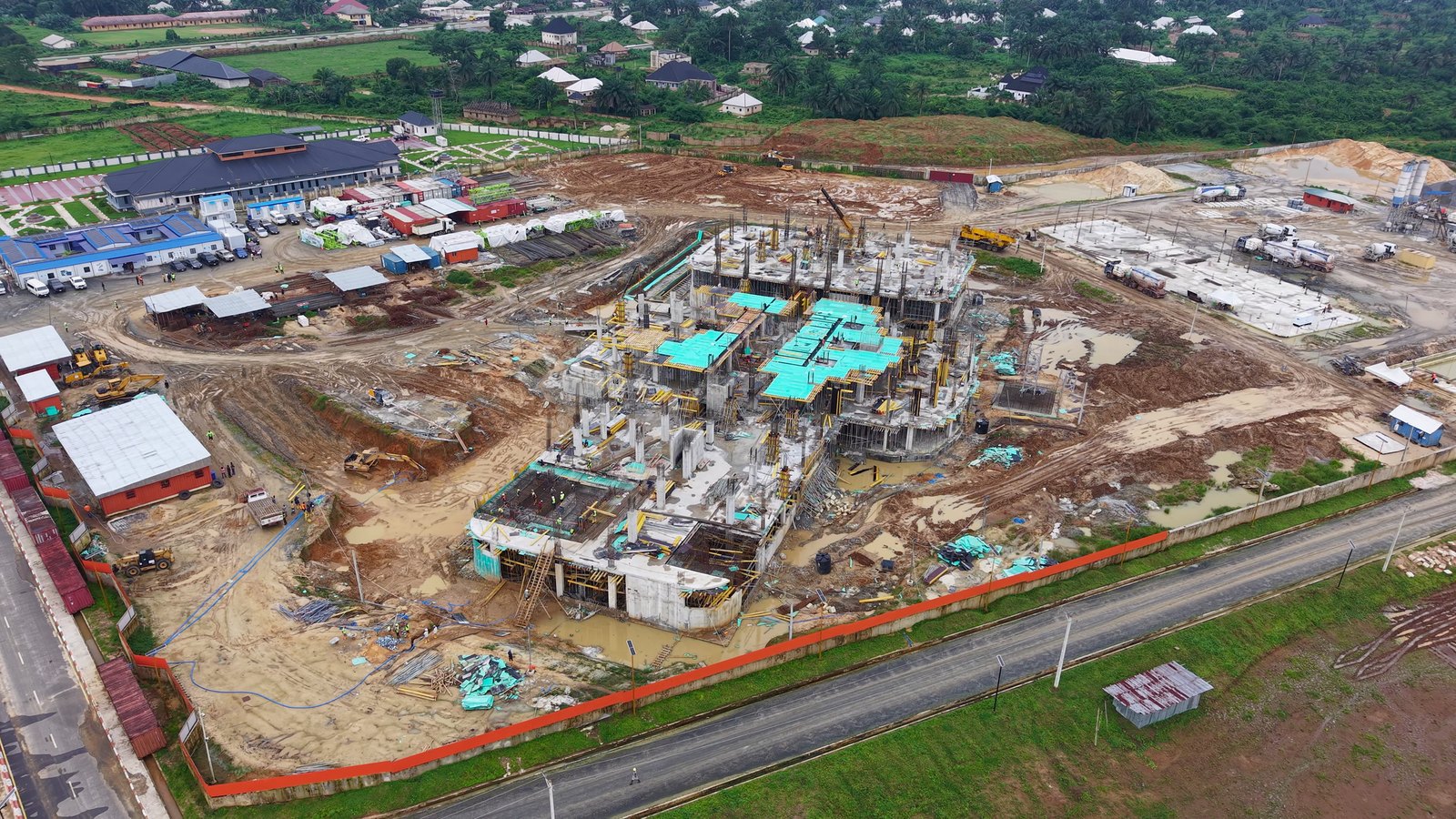 The hospital site from above, with the main structure going up