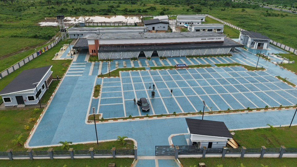 The airport hospital and its car park, seen from above