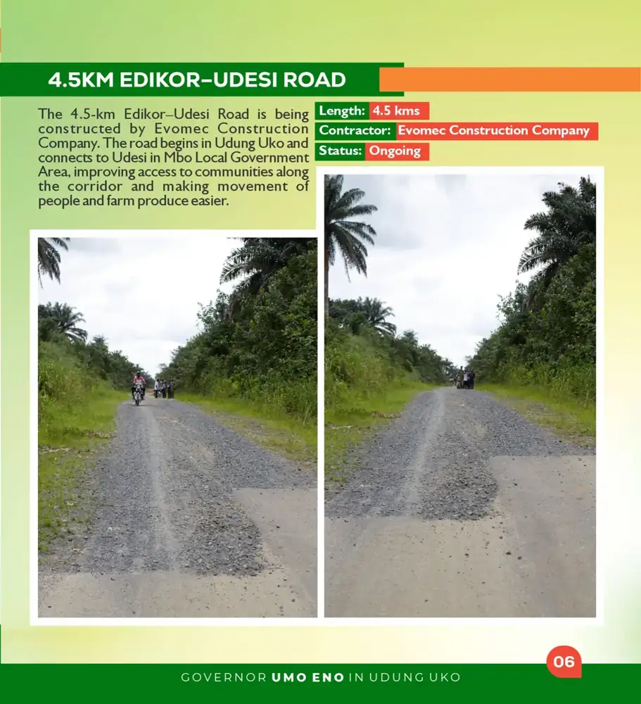 Edikor-Udesi Road, ongoing, with gravel base and sections of surfacing