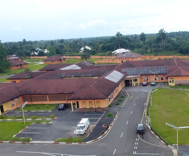 Aerial view of the hospital buildings and car park