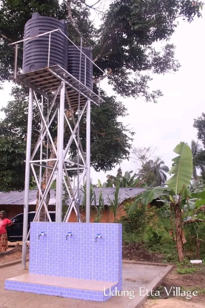 Borehole water tower and tap stand at Udung Etta village