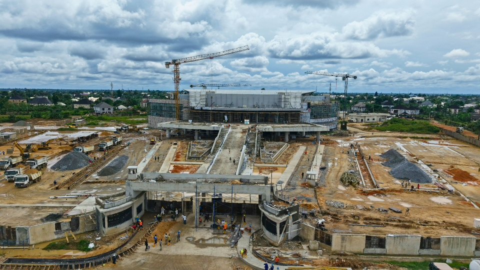 The hall and its approach under construction, seen from above