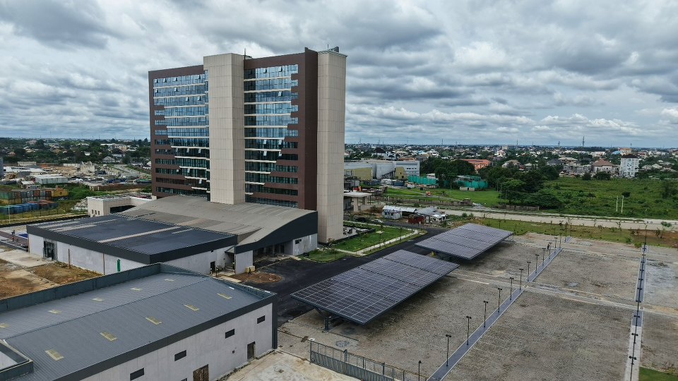 The hotel tower and car park, seen from above