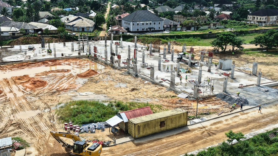 Foundation and column work on the site, seen from above