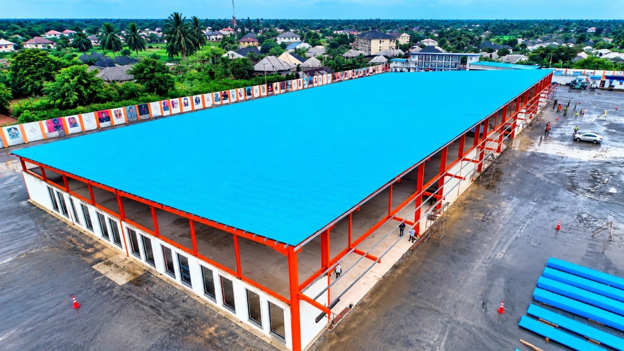 The terminal shed with its blue roof, seen from above