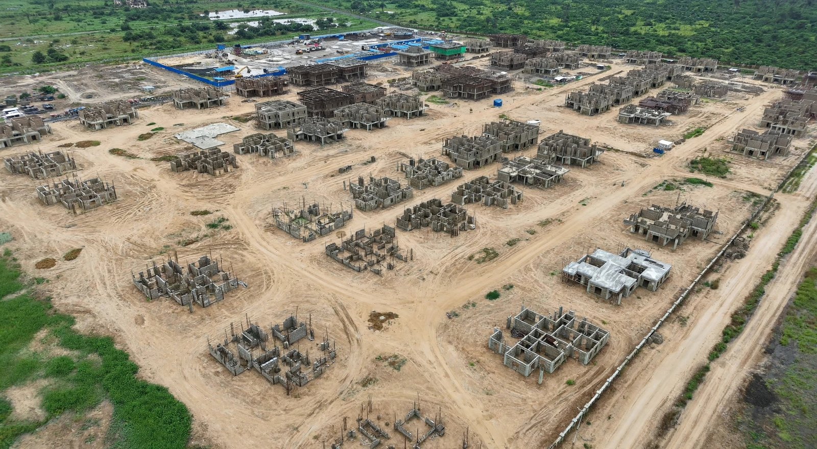 The housing site with foundations laid, seen from above