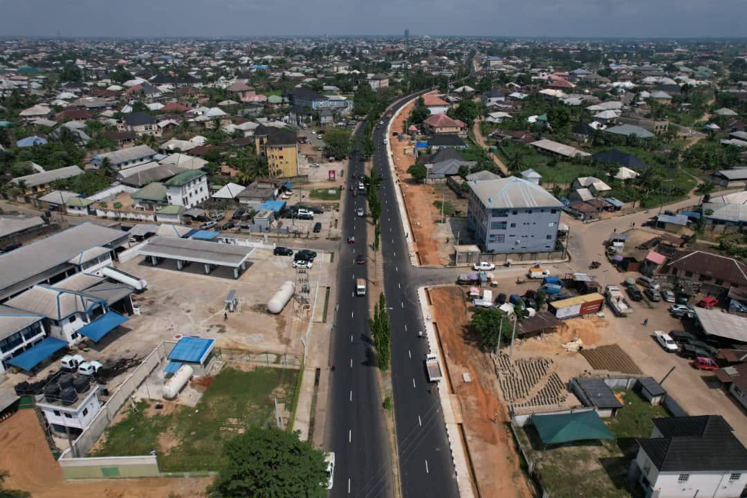 Aerial view of the finished road and drain through the neighbourhood