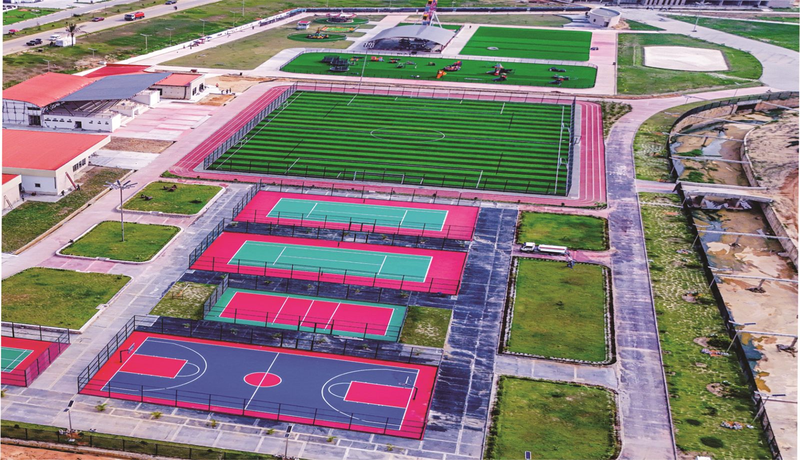Aerial view of the sports courts and football pitch
