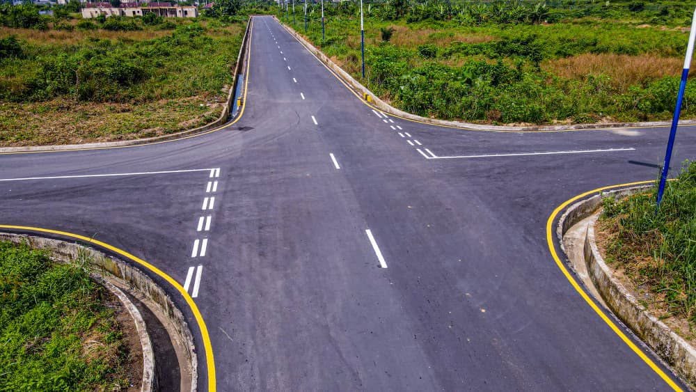 Road junction with fresh lane markings