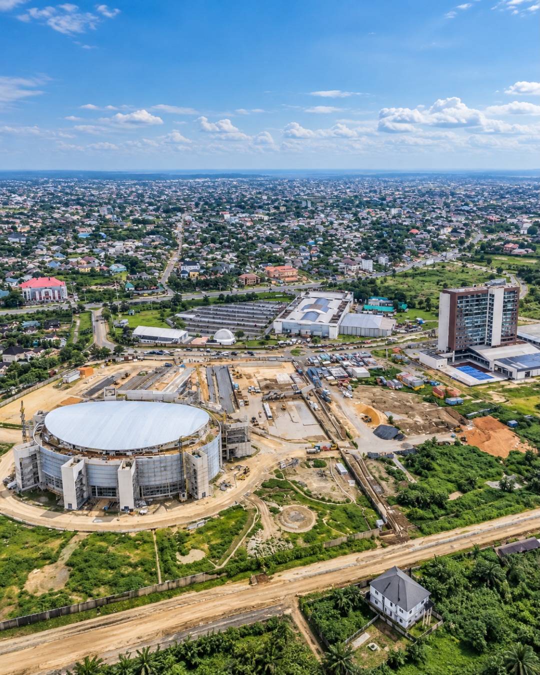 Seen from above with the Ibom Hotel tower beside it