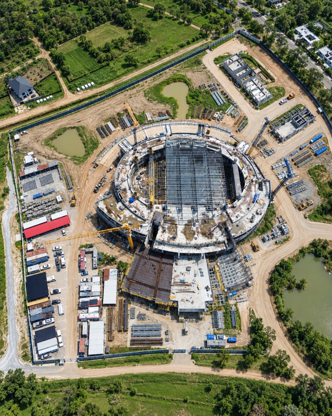 Overhead view of the oval hall and site