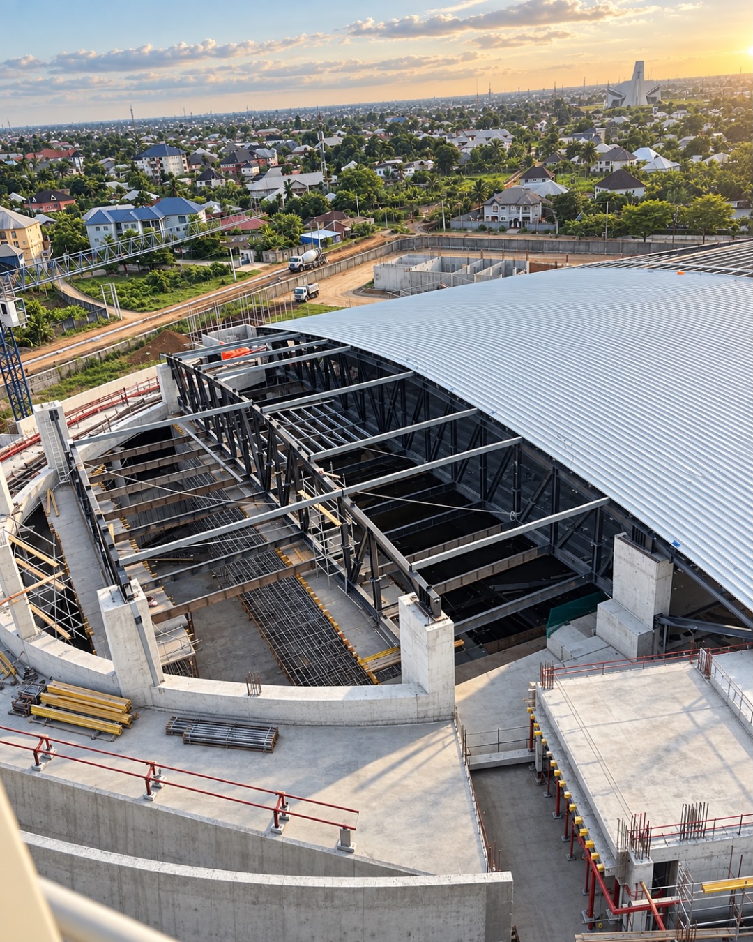 Curved roof and steel frame over the seating bowl