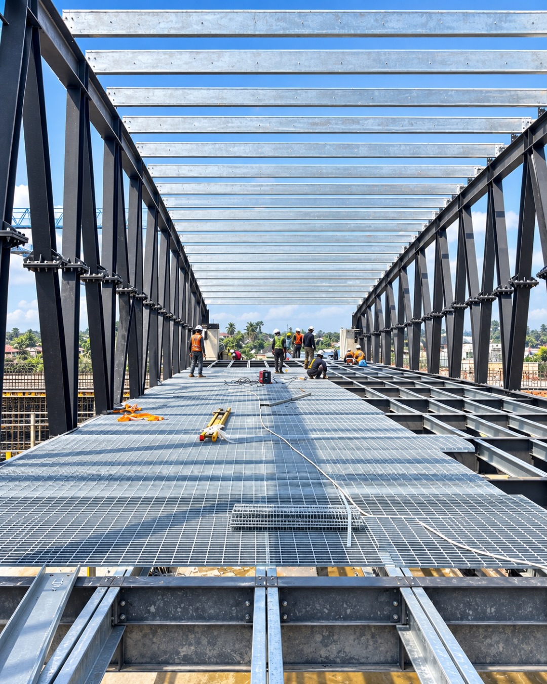 Workers on the steel roof truss and grating floor