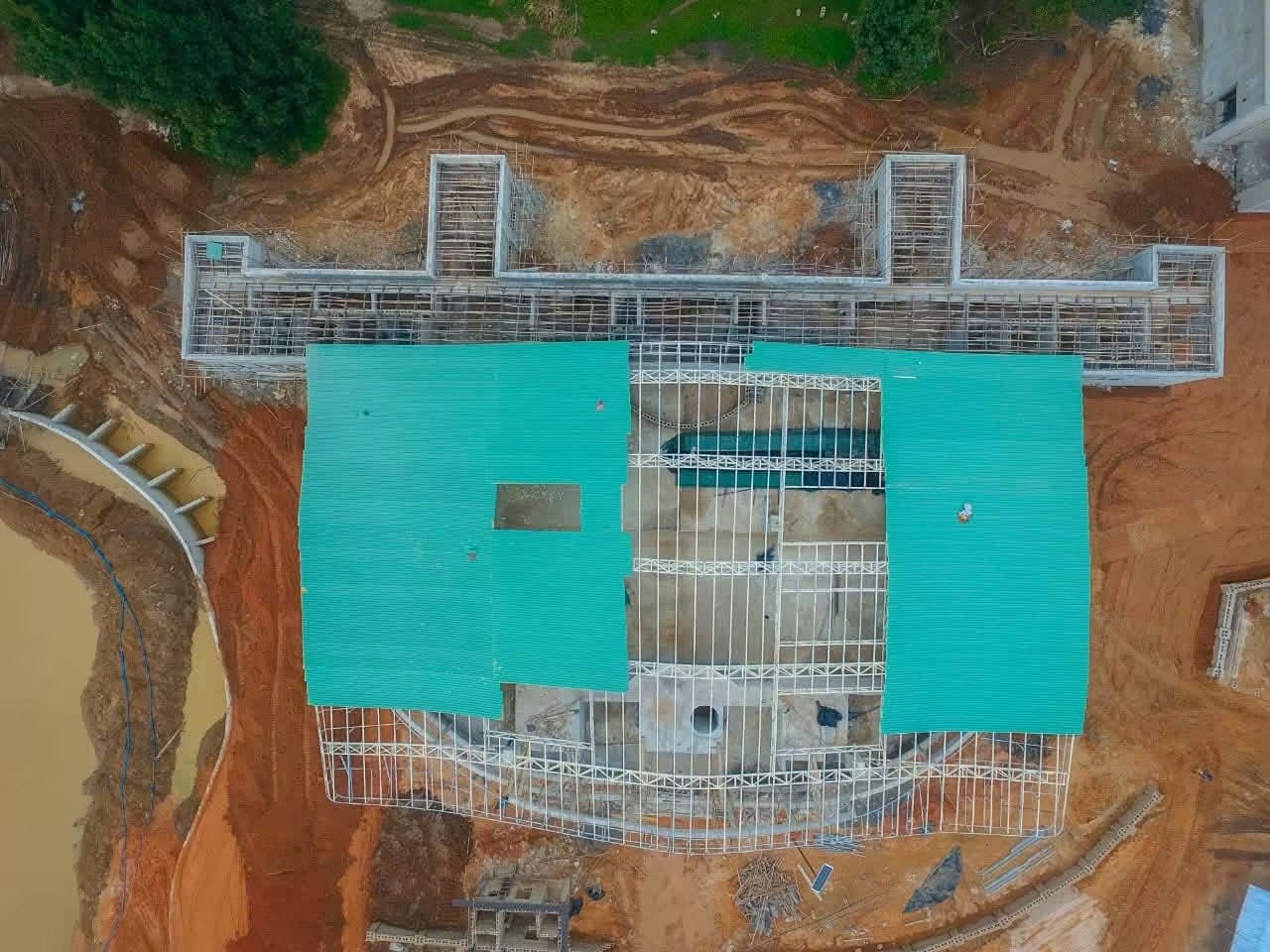 The pond, main building and toilet block seen from above